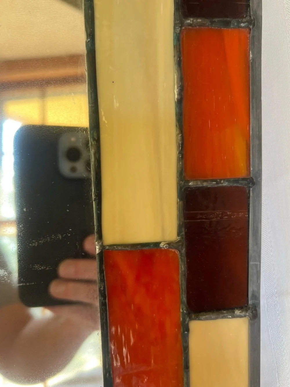 Stained Glass Framed Wall Mirror in Amber, Cream, and Burgundy